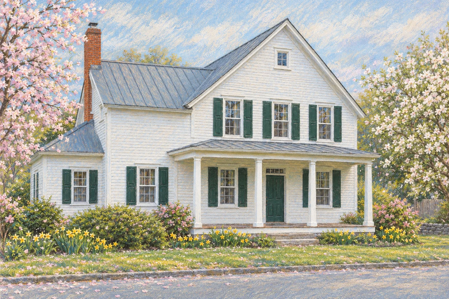 The Farmhouse, a test house, painted as the Blossom Morning wide: Your house behind the blossom