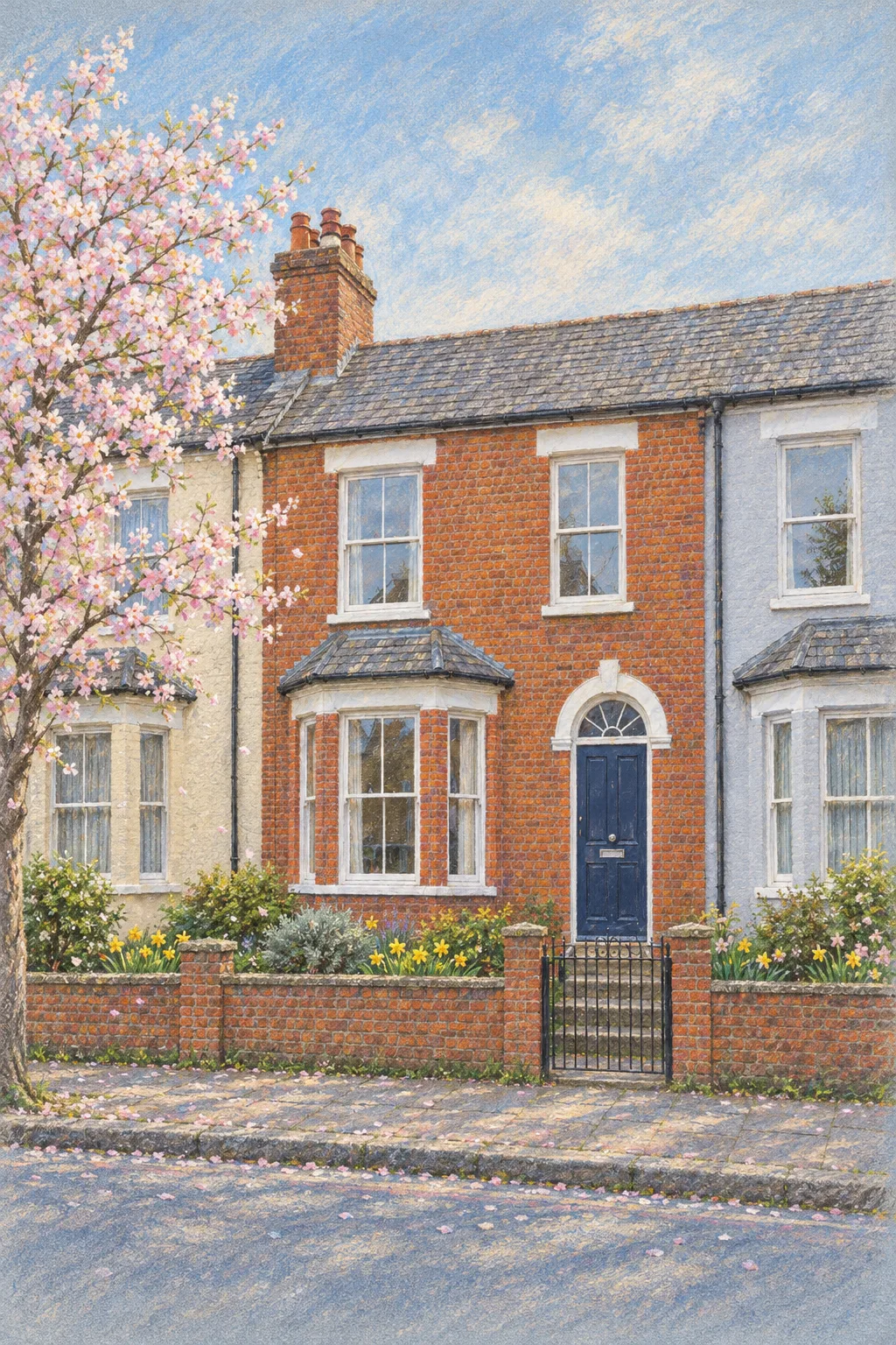 The Terrace, a test house, painted as Blossom Morning: Soft pastel on blue-grey paper, cherry blossom, early light