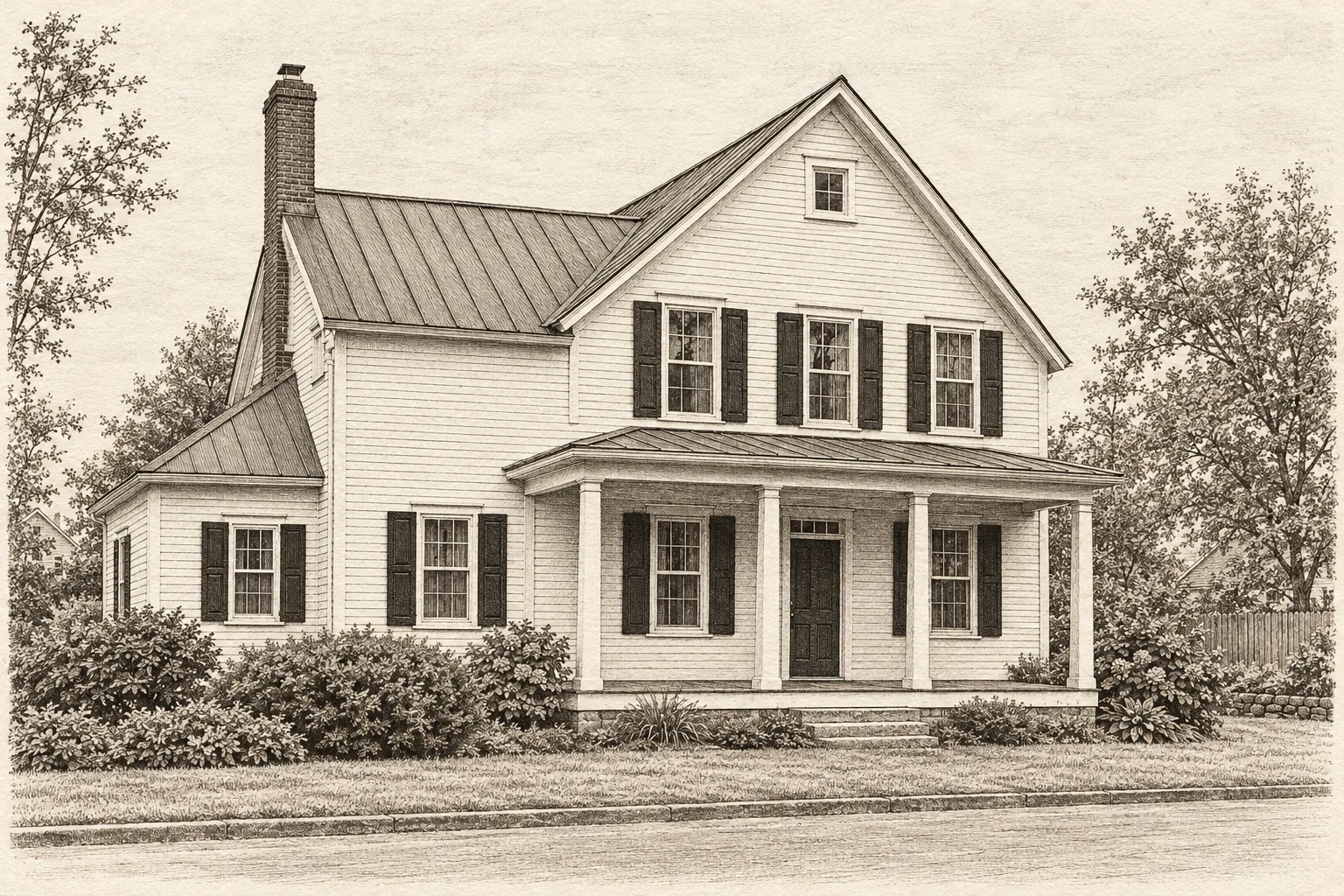 The Farmhouse, a test house, painted as the Copperplate Etching wide: Your house in an etched view