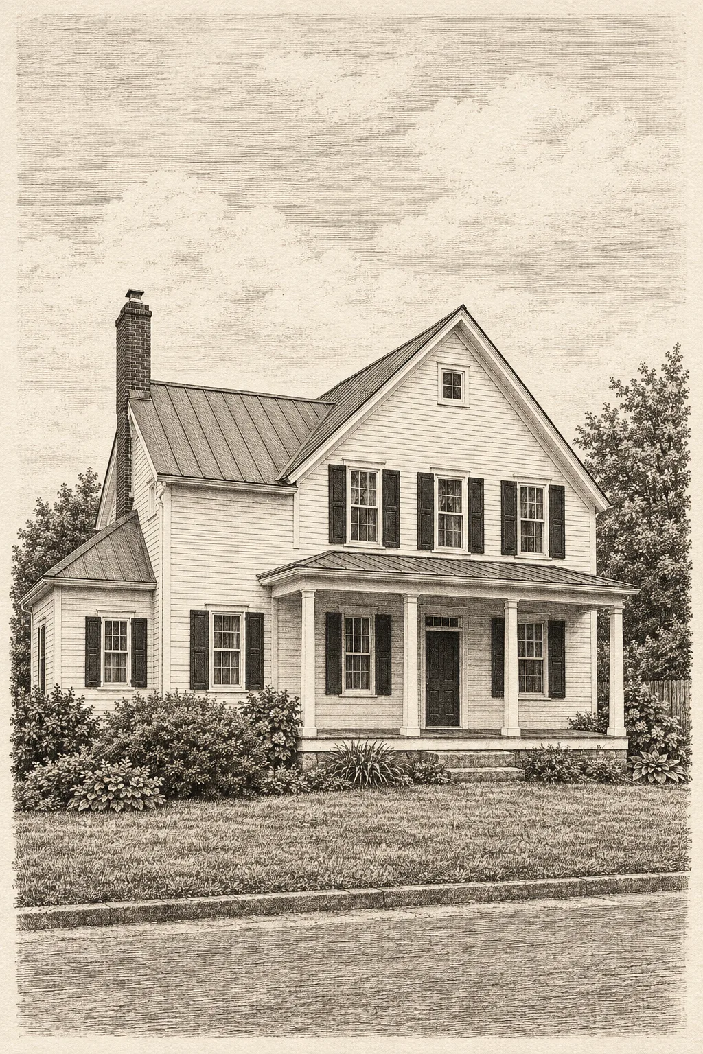 The Farmhouse, a test house, painted as Copperplate Etching: Bitten line, drypoint burr, plate tone, wiped highlights
