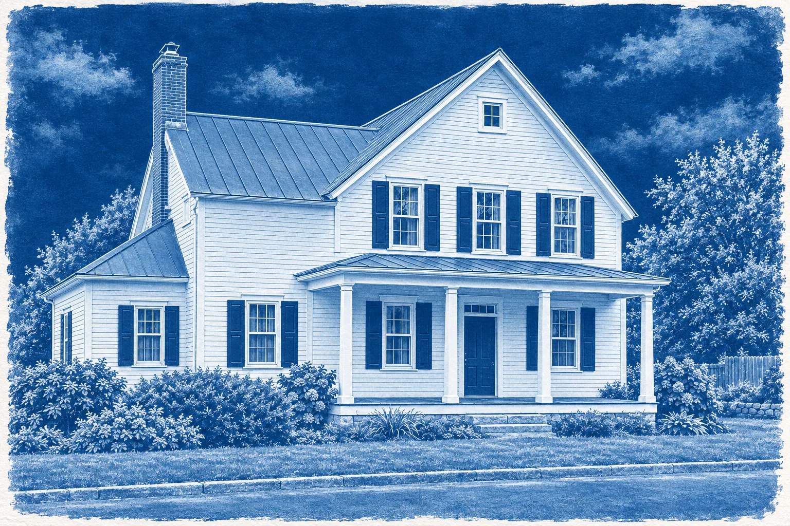 The Farmhouse, a test house, painted as the Cyanotype wide: Your house in Prussian blue