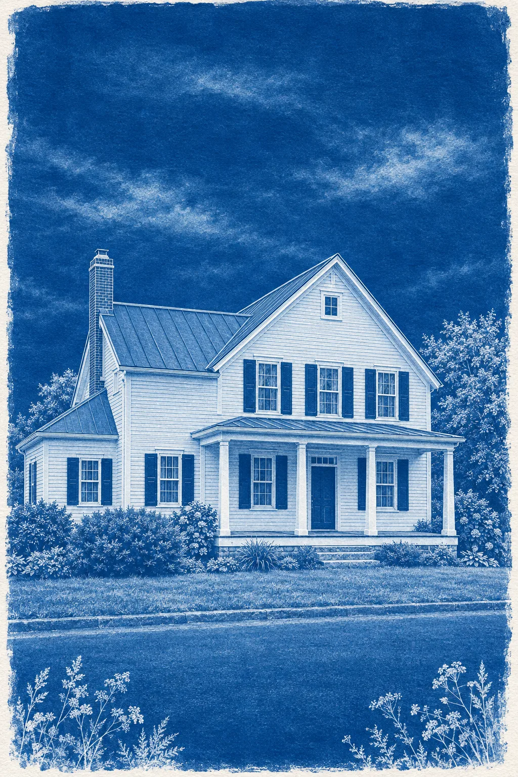 The Farmhouse, a test house, painted as Cyanotype: Sun print, Prussian blue ground, white line, brushed edges