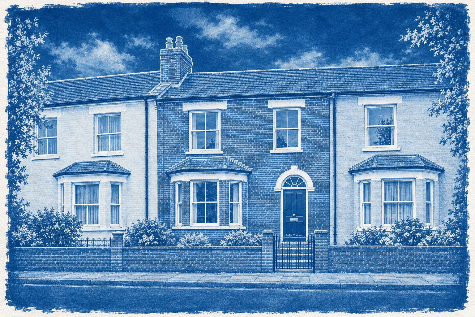 The Terrace, a test house, painted as the Cyanotype wide: Your house in Prussian blue