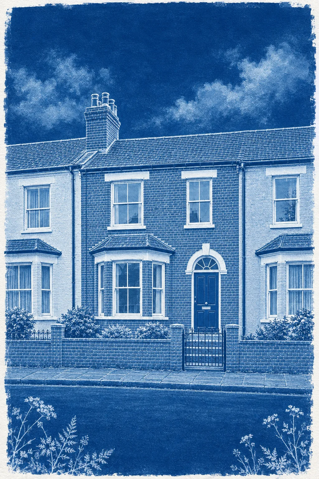 The Terrace, a test house, painted as Cyanotype: Sun print, Prussian blue ground, white line, brushed edges