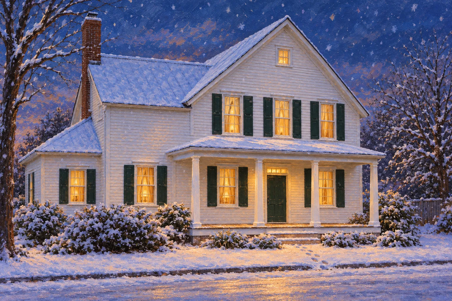 The Farmhouse, a test house, painted as the First Snow at Dusk wide: Your house on the first snowy evening
