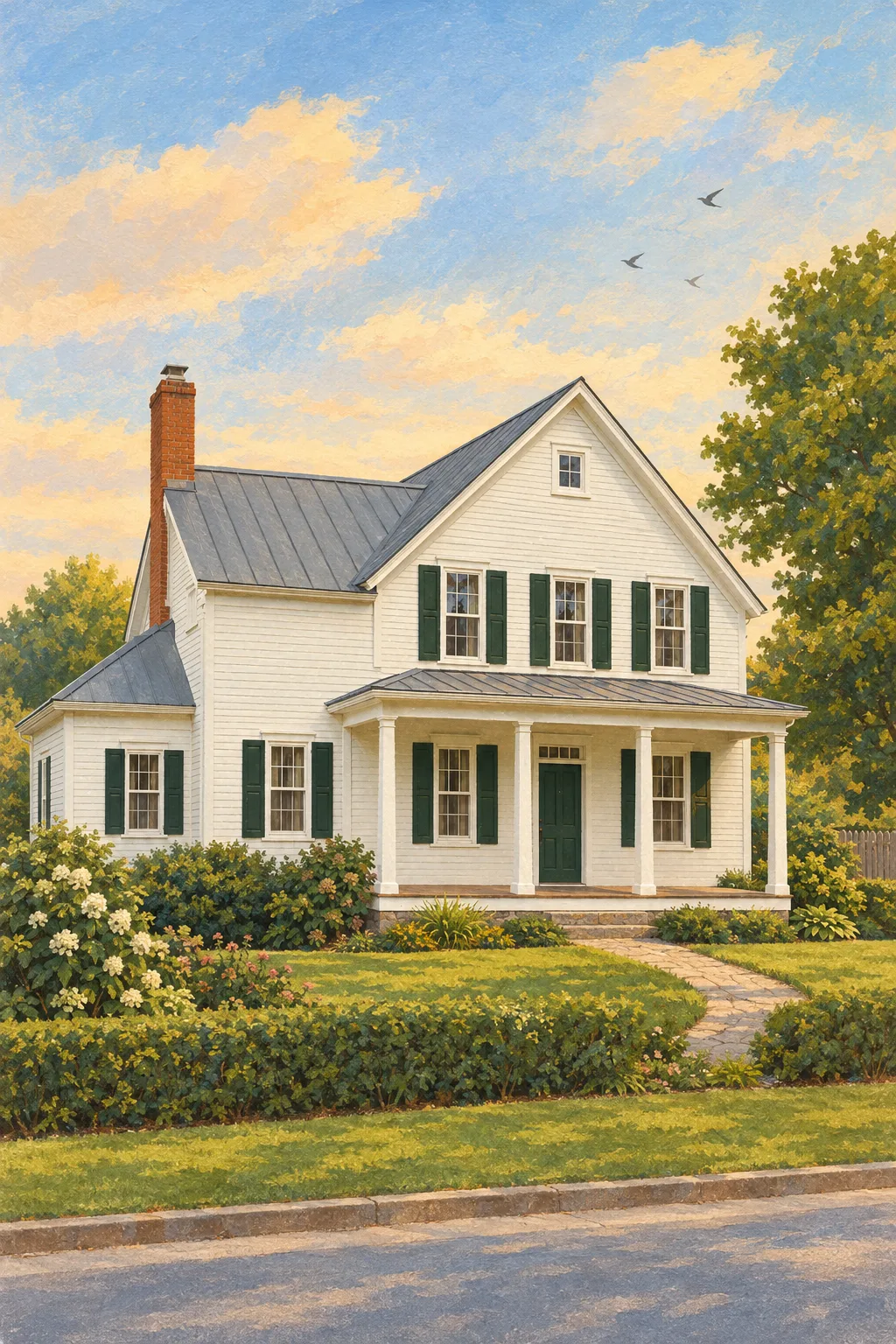 The Farmhouse, a test house, painted as Gouache Storybook: Mid-century picture-book gouache, flat shapes, warm light