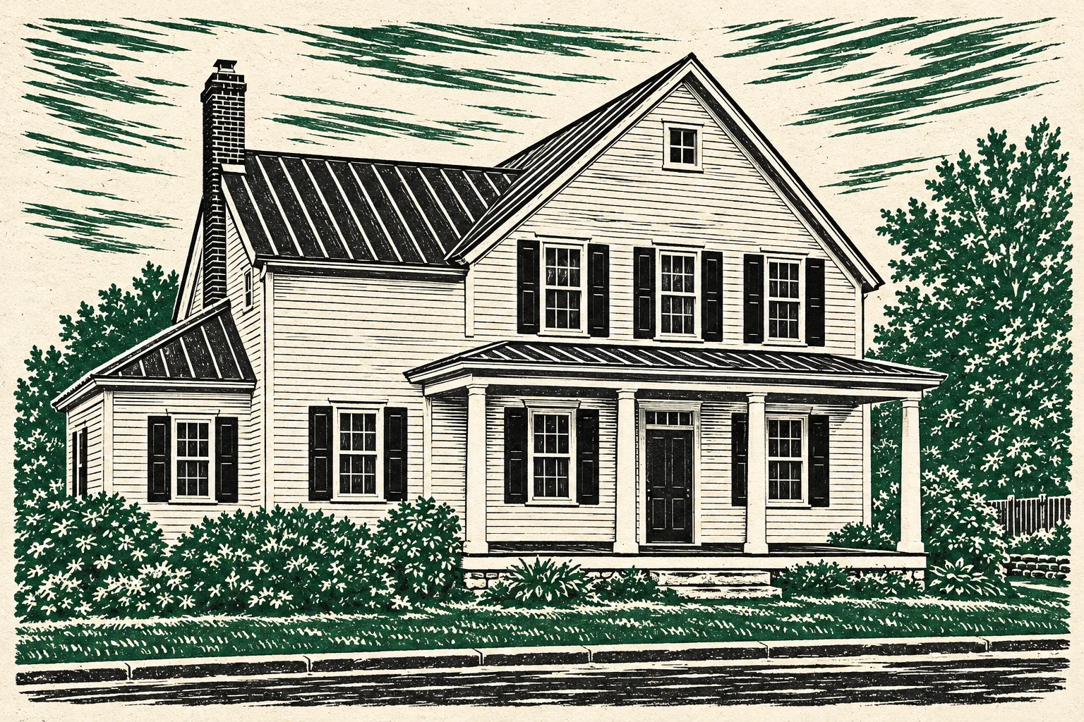 The Farmhouse, a test house, painted as the Two-Colour Linocut wide: Your house cut as a wide linocut