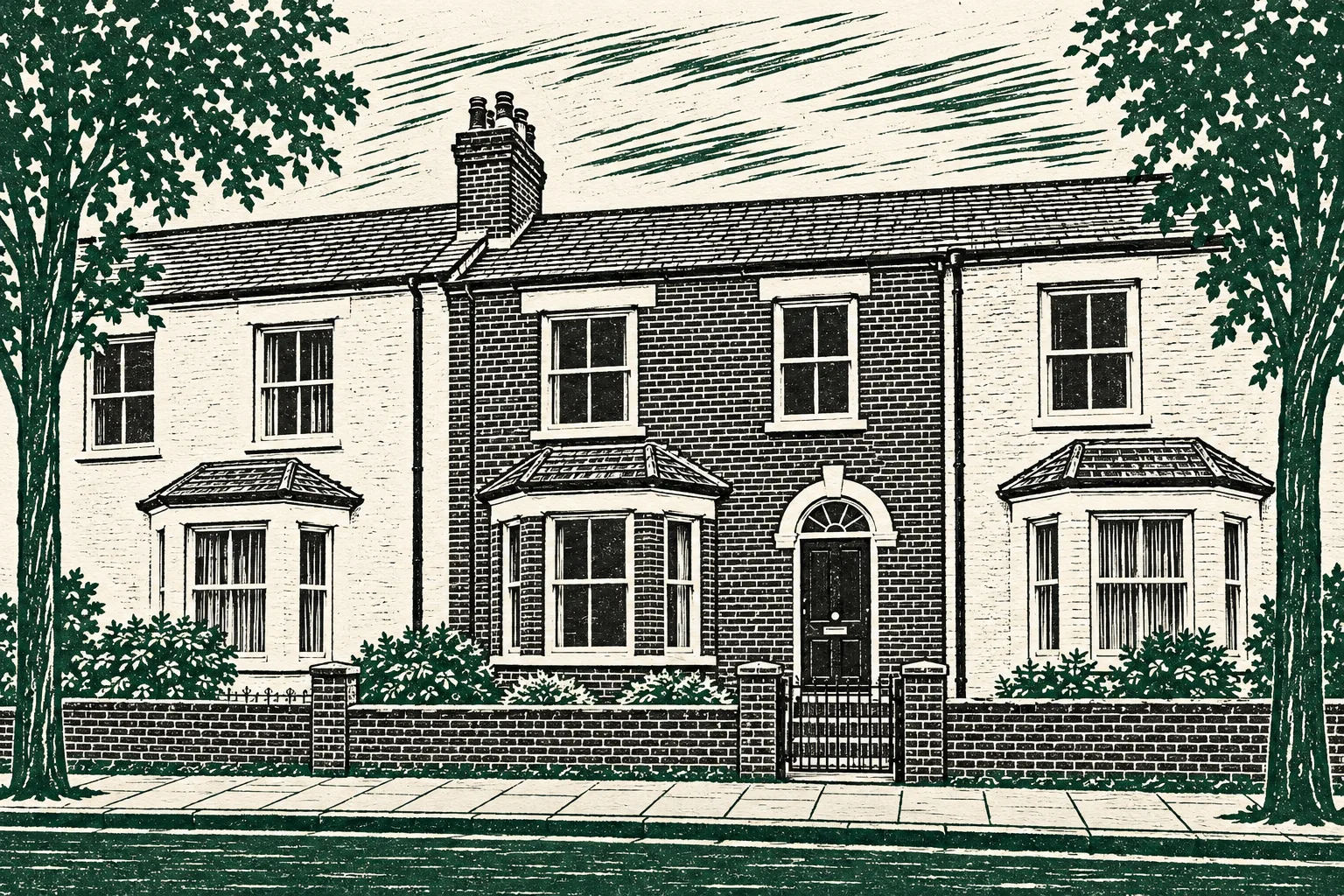 The Terrace, a test house, painted as the Two-Colour Linocut wide: Your house cut as a wide linocut