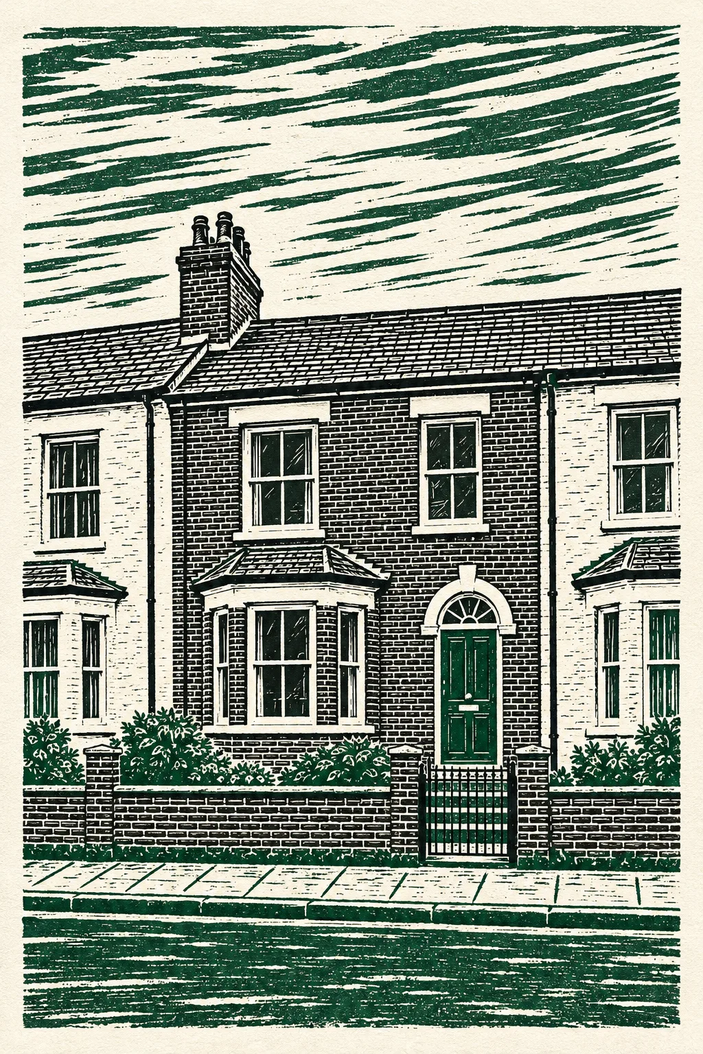 The Terrace, a test house, painted as Two-Colour Linocut: Carved line, two inks, the white of the paper