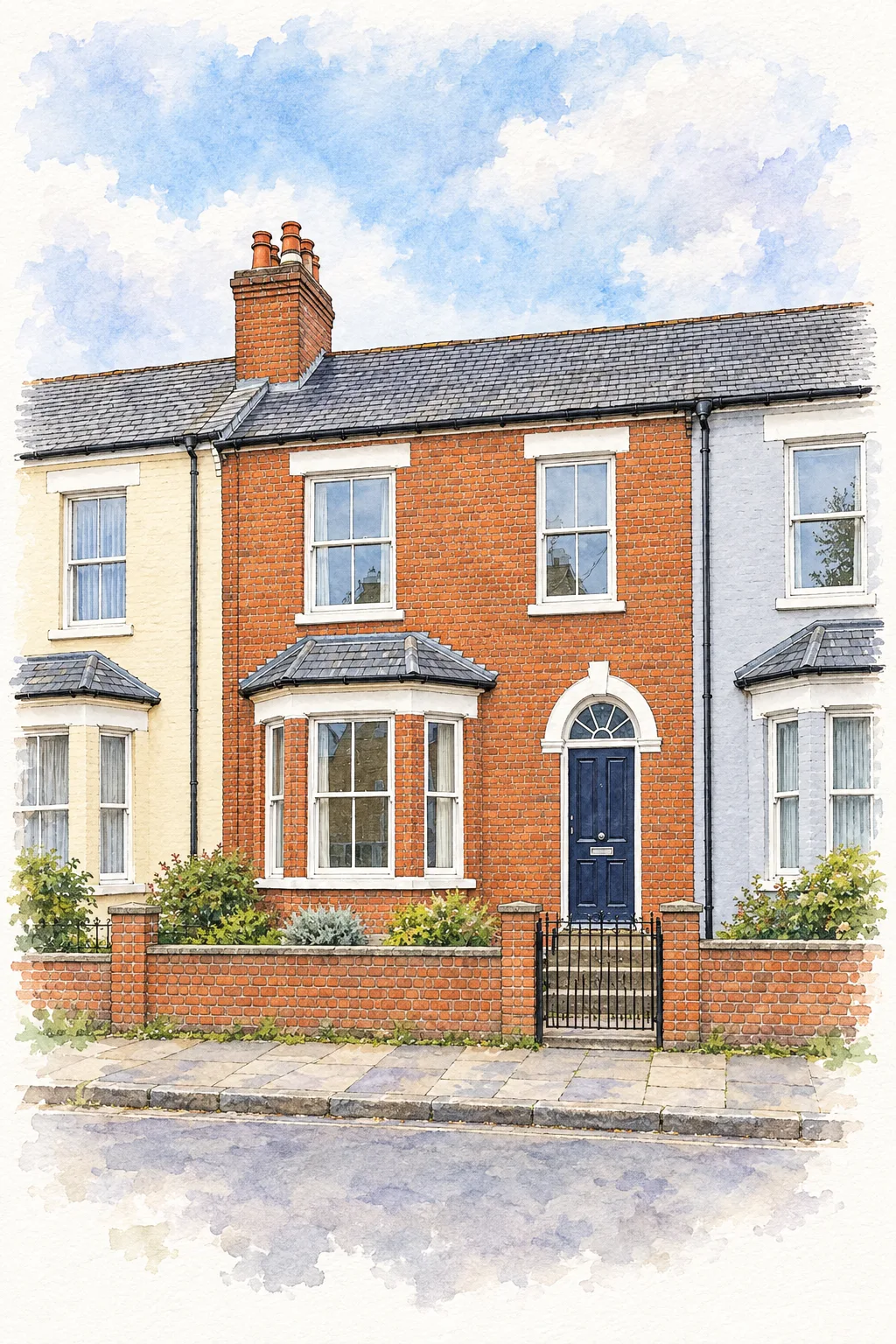The Terrace, a test house, painted as Watercolour and Ink: Loose pen line, wet washes, white paper left as light