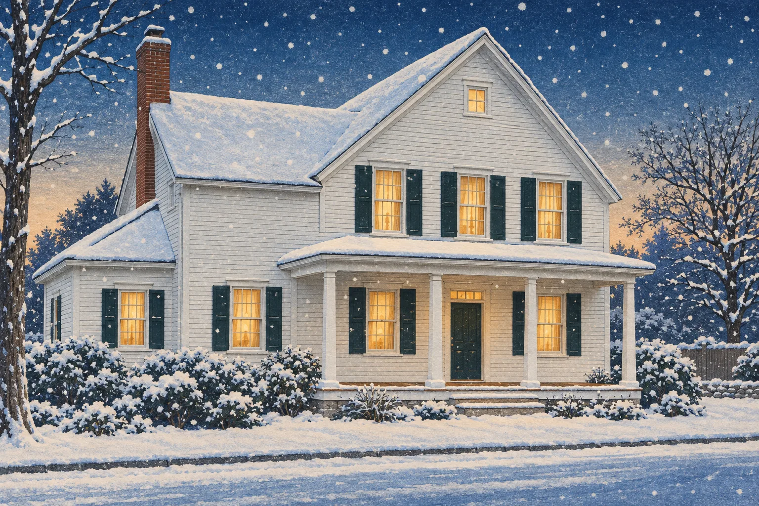 The Farmhouse, a test house, painted as the Woodblock at First Snow wide: Your house in the snowfall at dusk