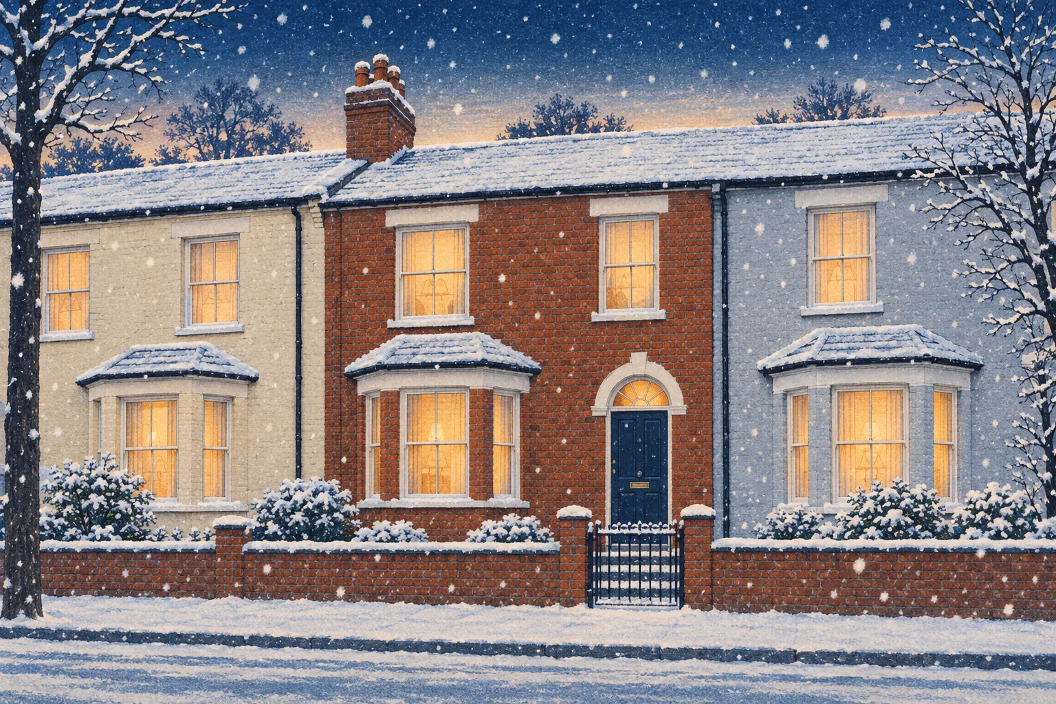 The Terrace, a test house, painted as the Woodblock at First Snow wide: Your house in the snowfall at dusk